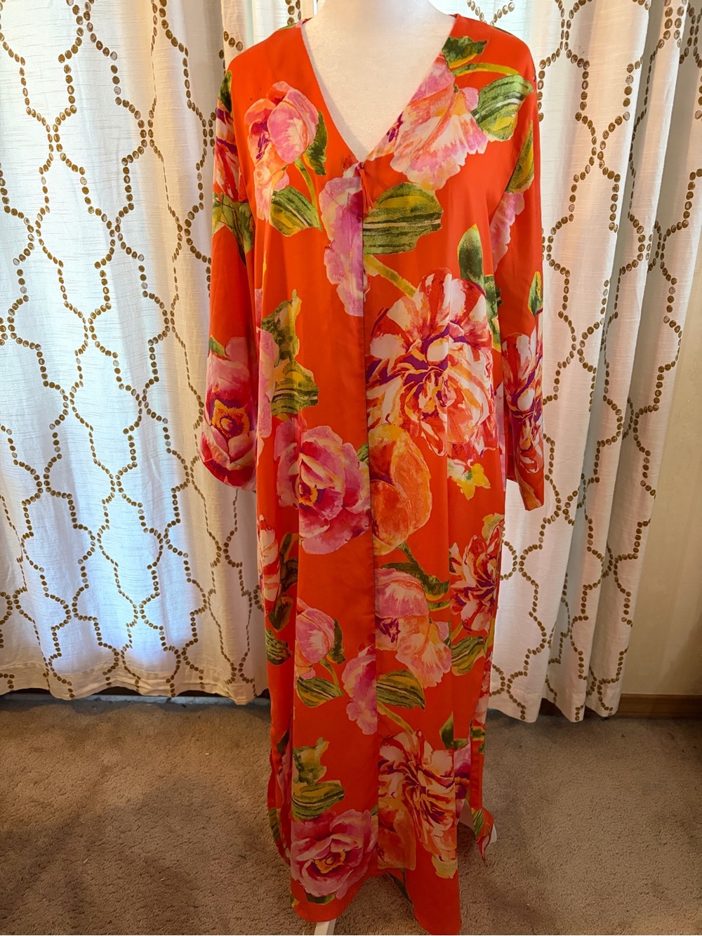 Natori Orange Floral Long Robe with Pink & Green Accents